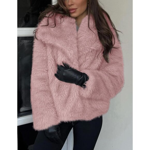 Elegant Women's Pink Cropped Faux Fur Jacket - Fluffy Warmth for Winter Outings - Picture 3 of 7